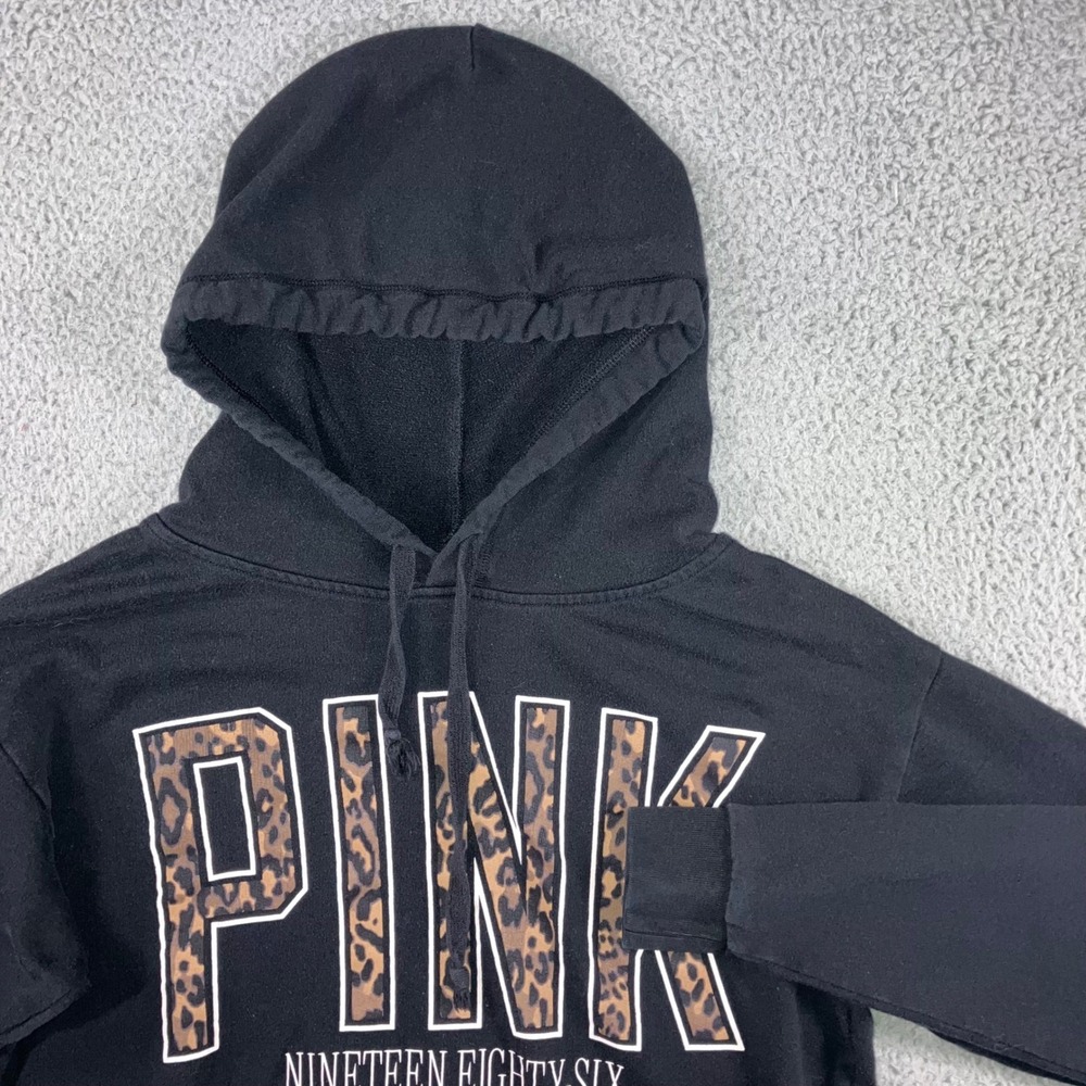 PINK Victoria's Secret Hoodie XS Black Leopard Graphic Print Y2K Retro Pullover